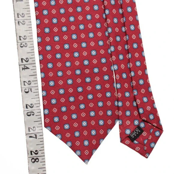 Drake's NWT Neck Tie in Red with Light Blue & White Geometric Pattern 100% Silk